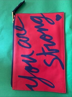 Drew Barrymore Zip Red Pouch with Navy Script—You Are Strong